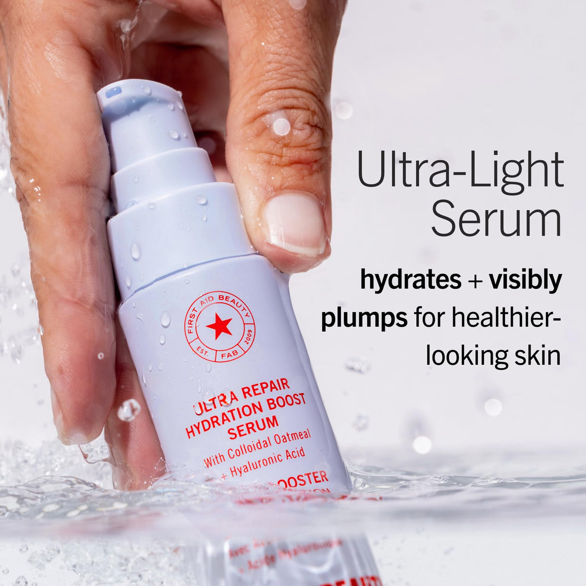 First Aid Beauty texture drop close-up showing lightweight serum absorbency benefit