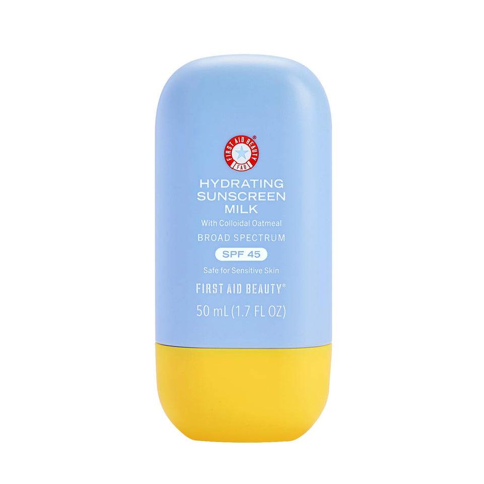 First Aid Beauty front packaging showing SPF 45 protection and dewy benefit