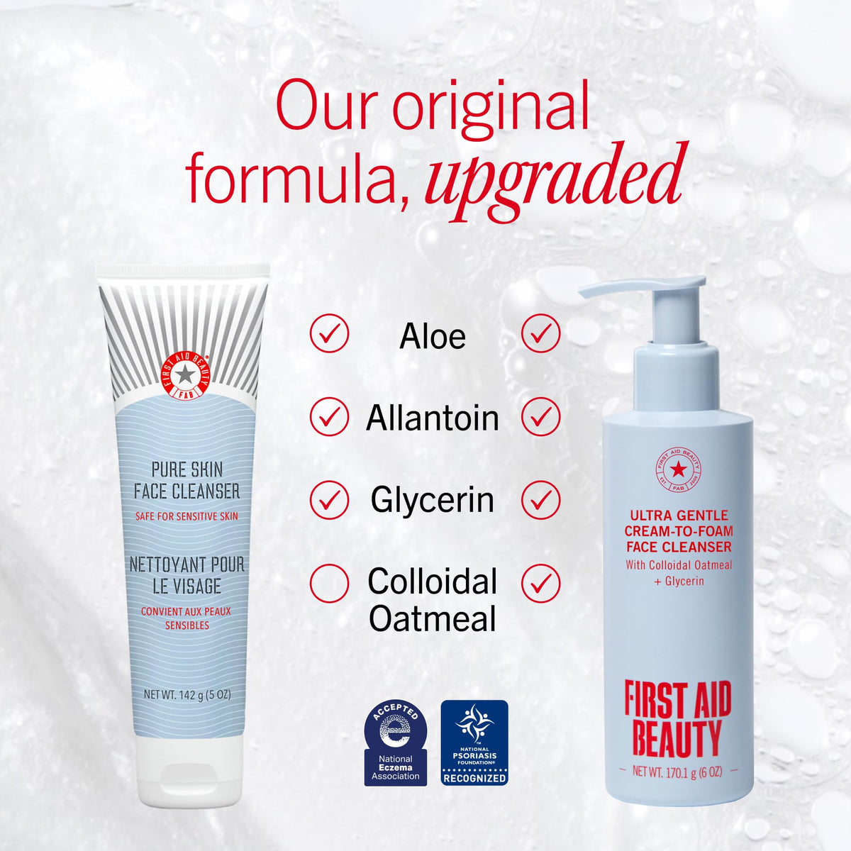 First Aid Beauty cream-to-foam texture on hand, shows gentle cleansing action