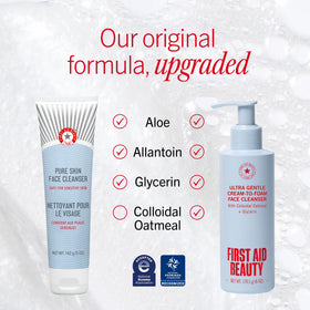 First Aid Beauty cream-to-foam texture on hand, shows gentle cleansing action