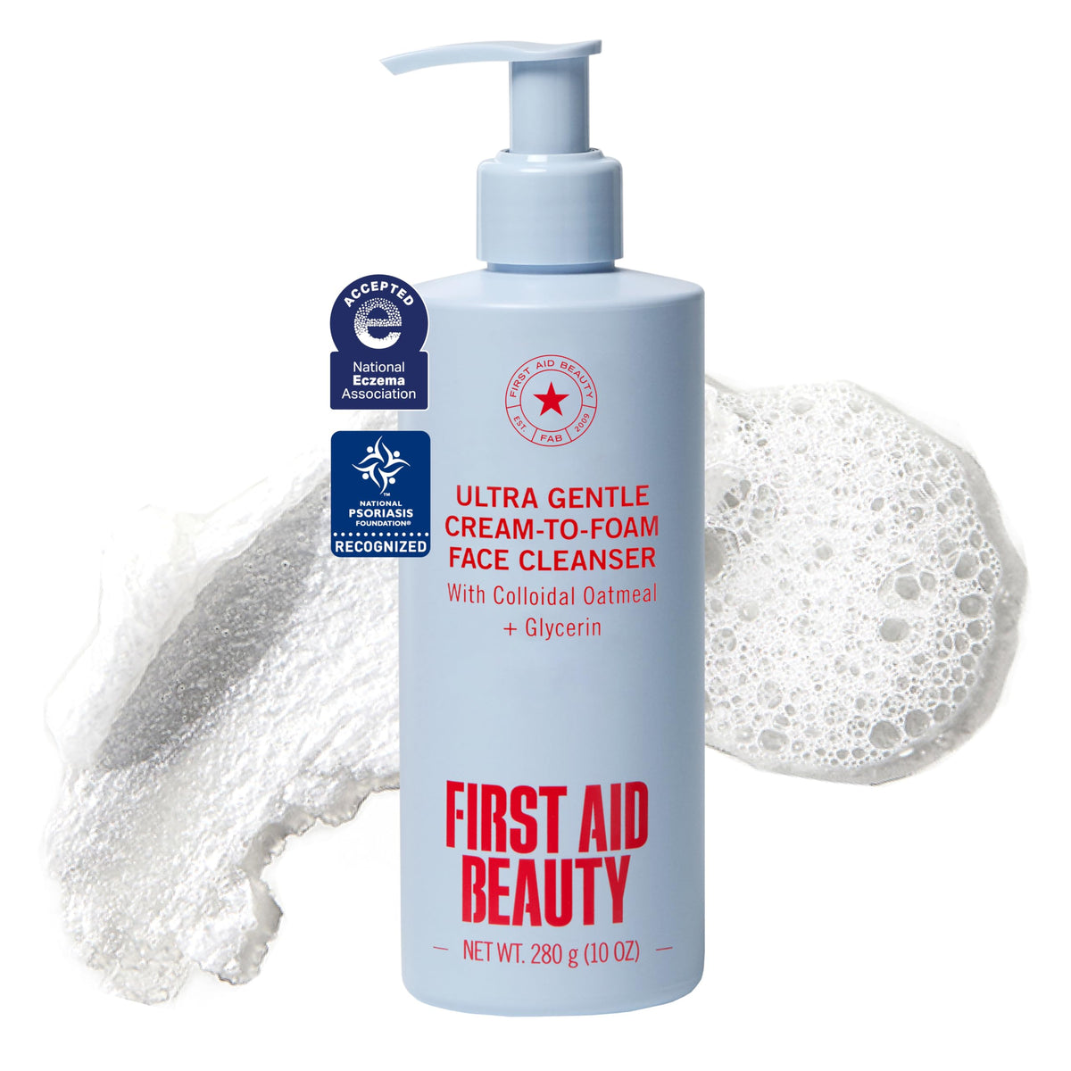 First Aid Beauty front pump bottle shown upright for easy dispensing and daily use