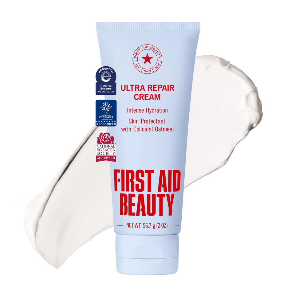 First Aid Beauty front jar showing compact 2 oz travel moisturizer for on-the-go hydration