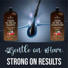 First Botany label close-up highlighting castor and tea tree ingredients benefit
