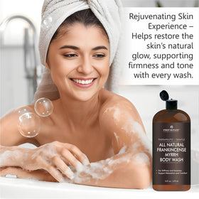 First Botany bottle on shower shelf conveying daily use and freshness