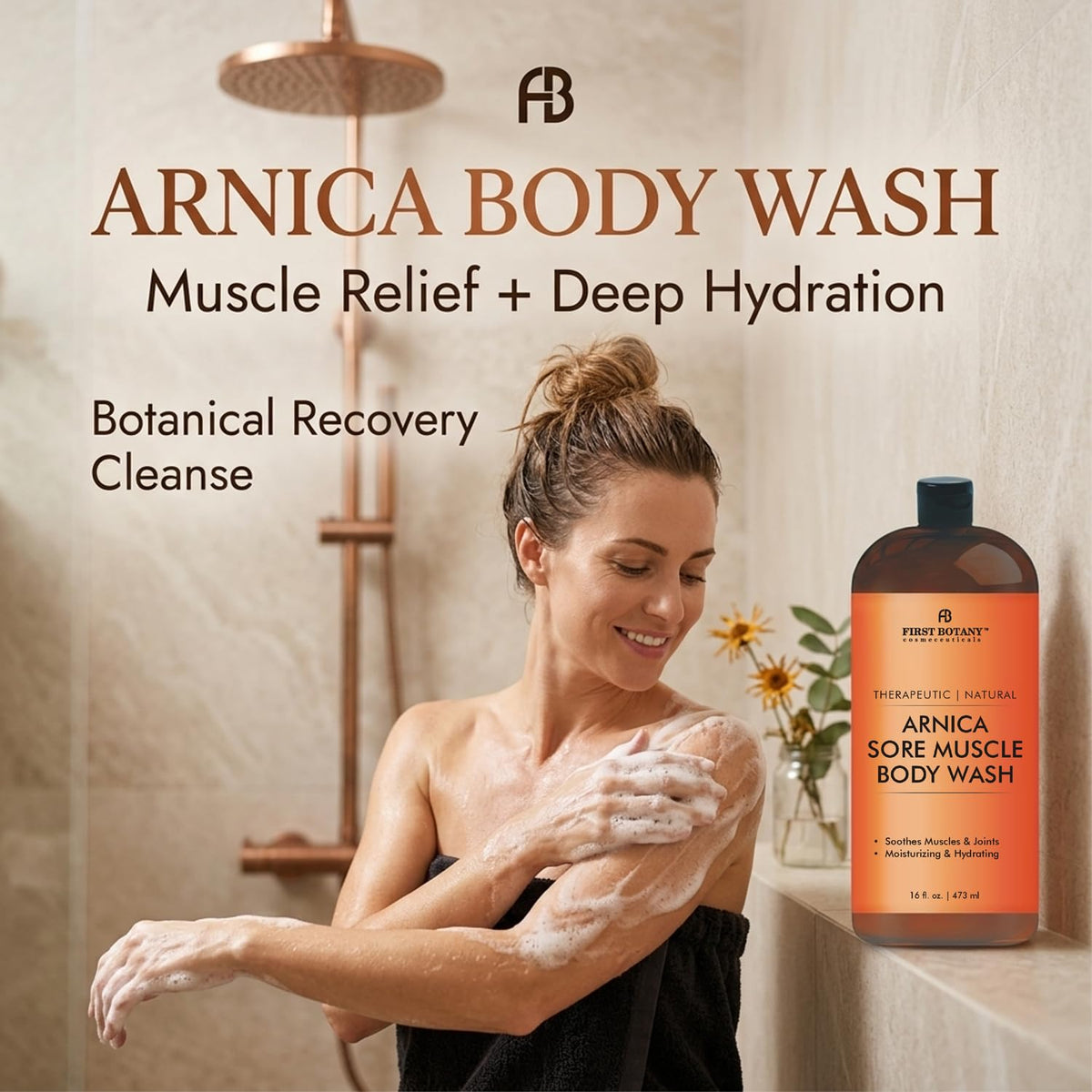First Botany bottle staged with towel for relaxing post-workout routine
