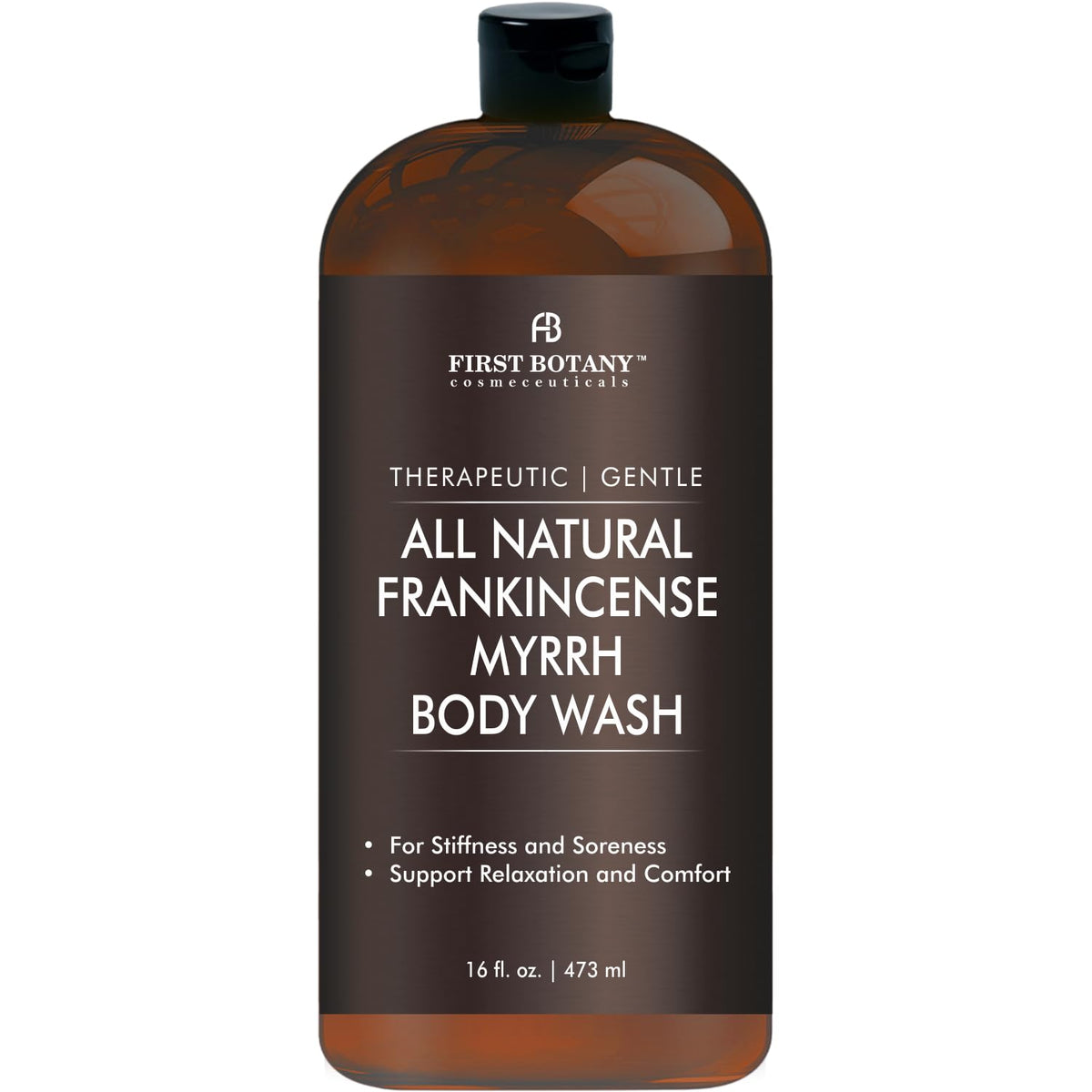 First Botany front bottle frankincense myrrh showing label and benefits