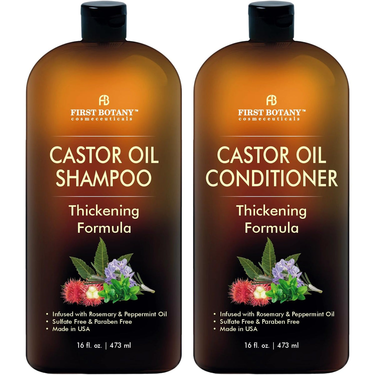 First Botany front packaging of castor oil shampoo and conditioner set showing nourishing benefits