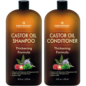 First Botany front packaging of castor oil shampoo and conditioner set showing nourishing benefits