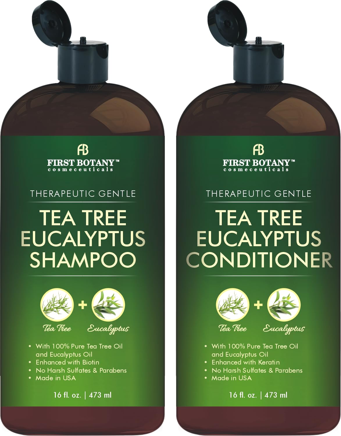 First Botany front packaging showing both tea tree and eucalyptus bottles for refreshing scalp care