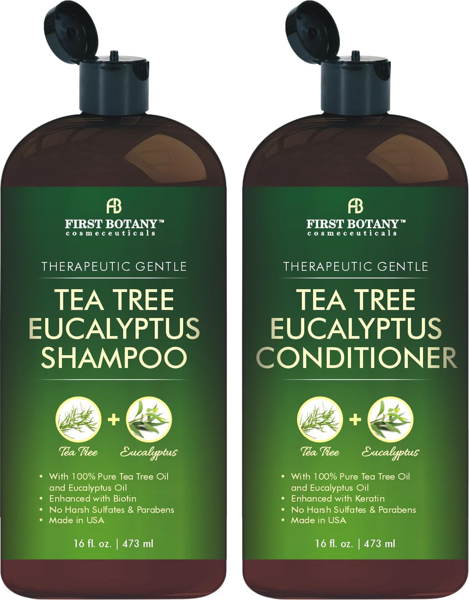 First Botany front packaging showing both tea tree and eucalyptus bottles for refreshing scalp care
