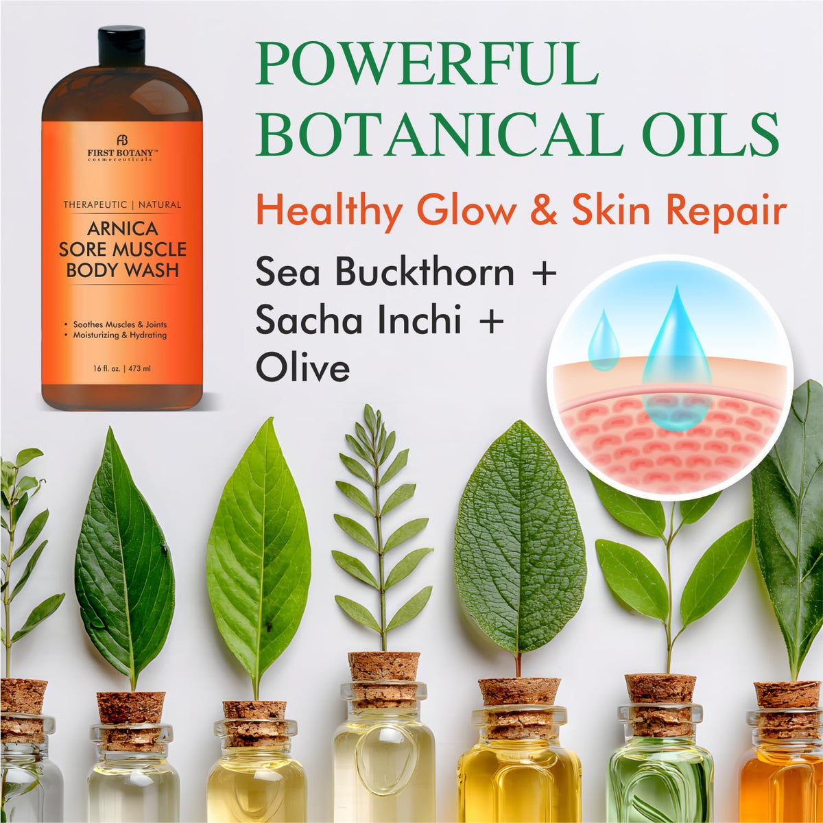 First Botany botanical ingredients flatlay highlighting natural oils and extracts