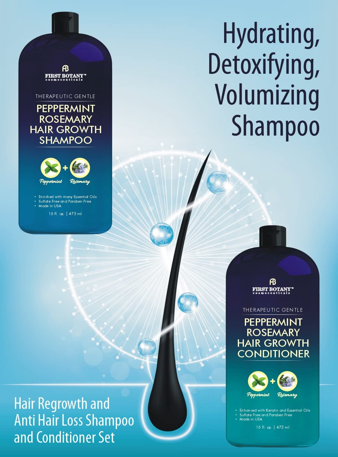 First Botany size comparison with hand holding bottle, shows 16 fl oz practicality benefit