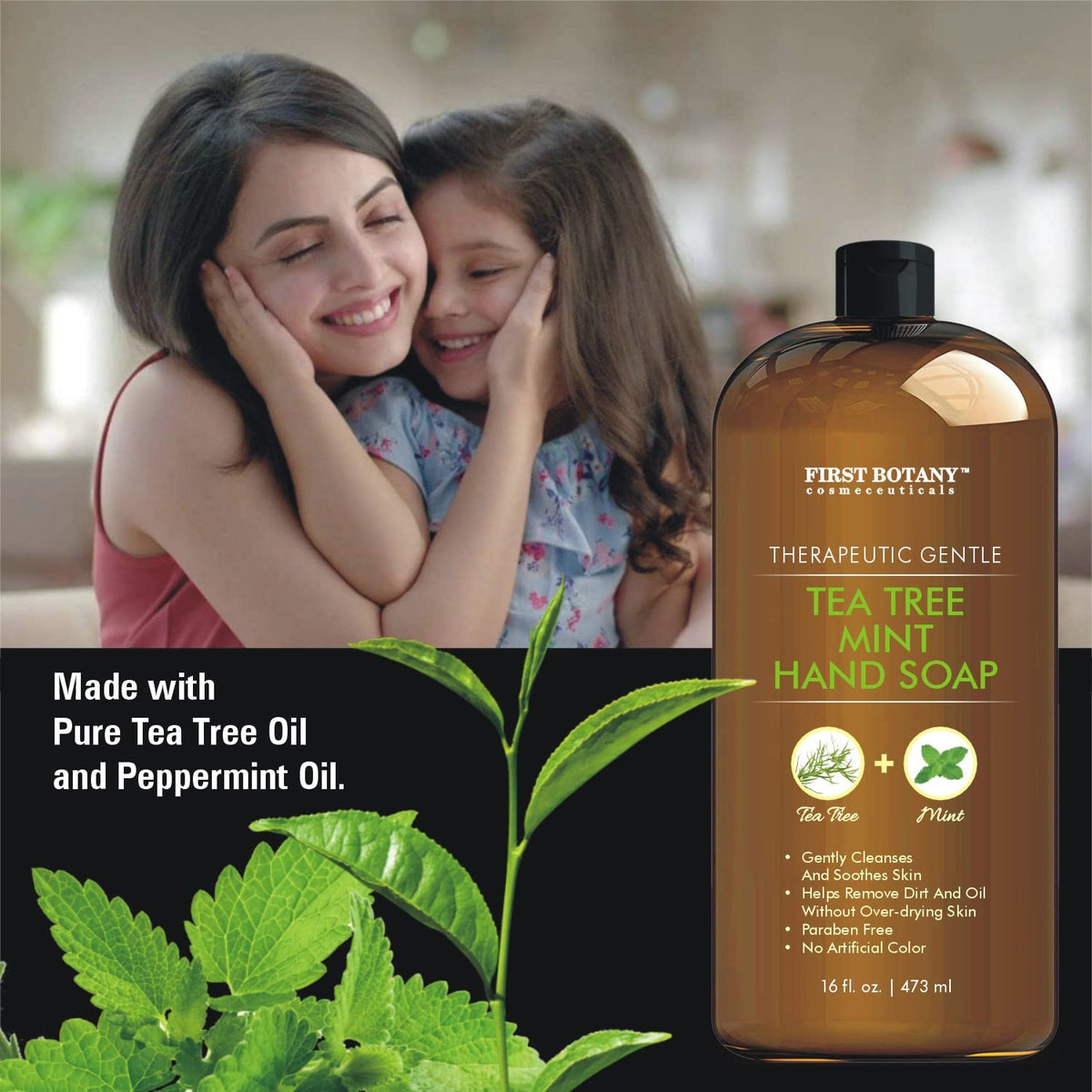 First Botany label close-up highlighting tea tree and peppermint ingredients