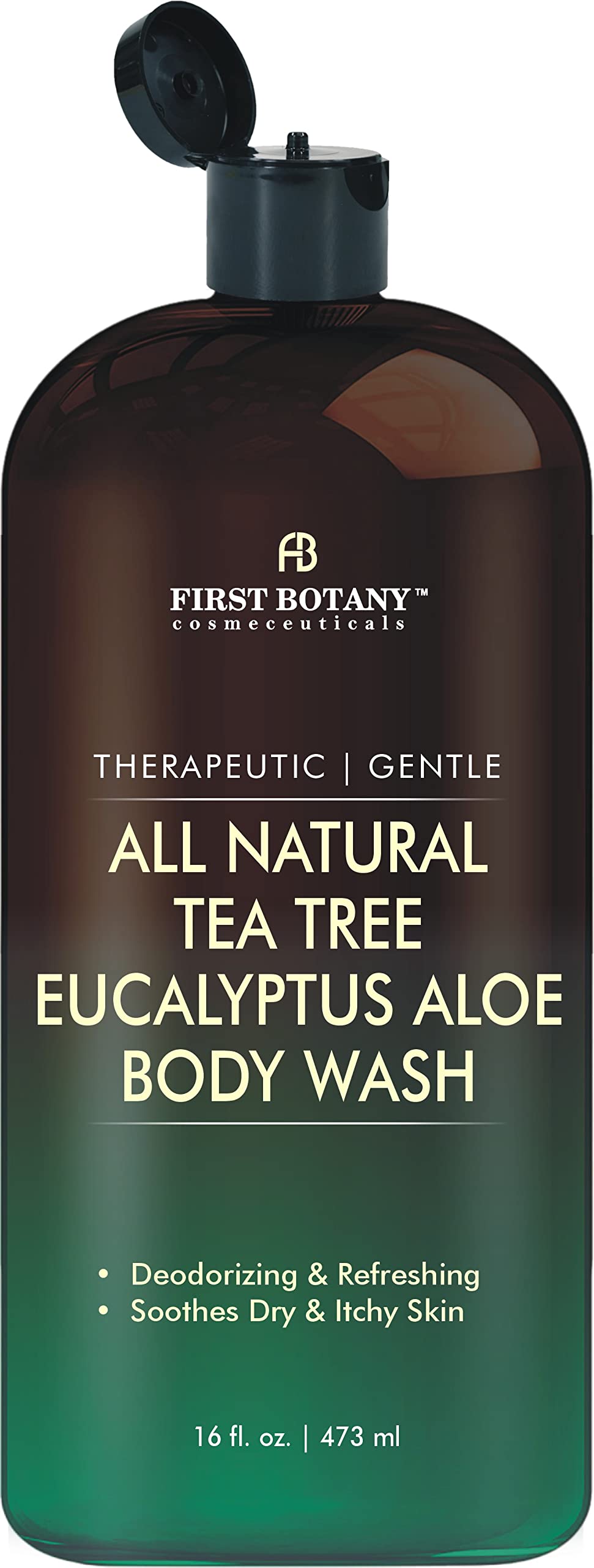 First Botany front bottle view showing tea tree eucalyptus label and natural benefits