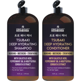 First Botany front packaging showing Tsubaki shampoo and conditioner set for deep hydration