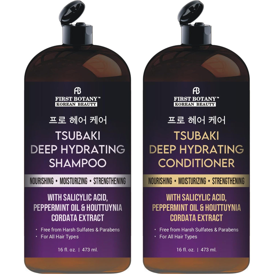 First Botany front packaging showing Tsubaki shampoo and conditioner set for deep hydration