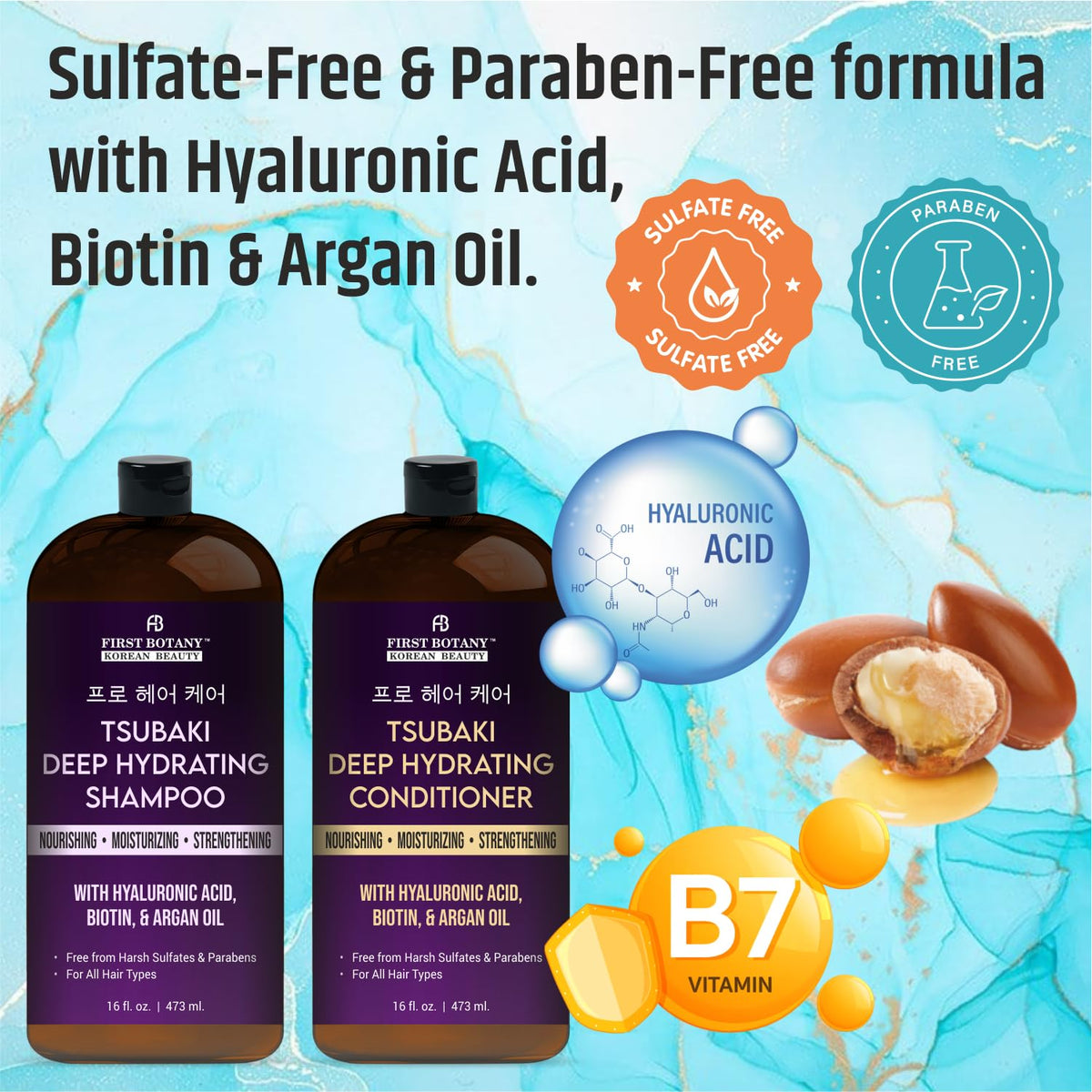 First Botany visual of hyaluronic acid and biotin ingredients highlighting strengthening benefits