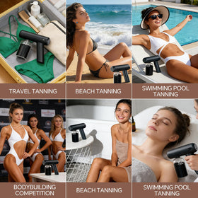 FirstTan next to smartphone showing compact size and portability