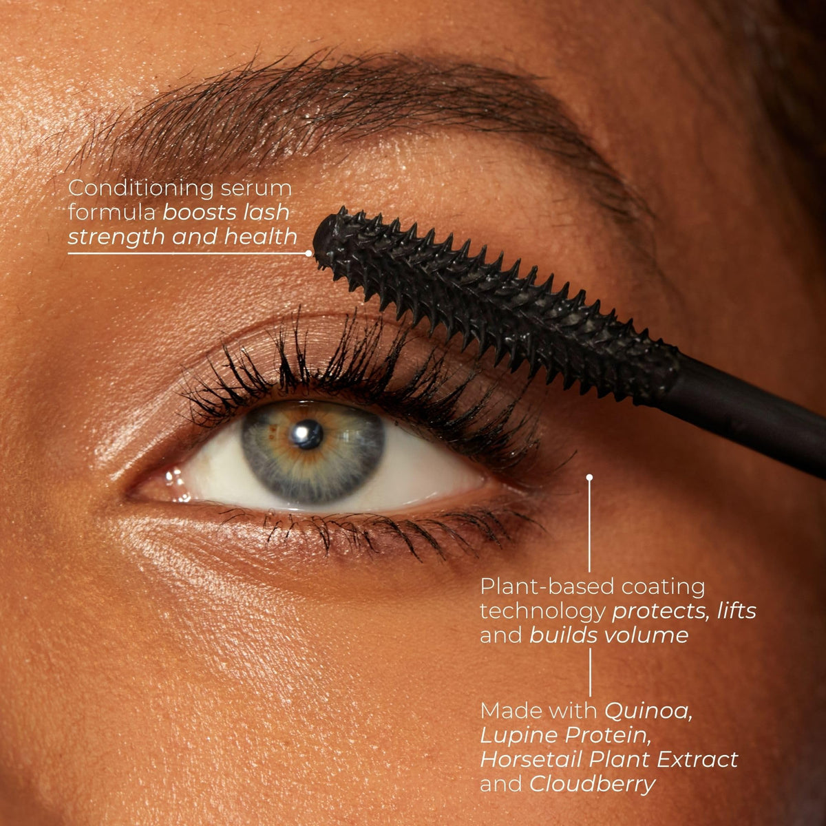 Fitglow mascara lifestyle eye shot with lifted lashes showing visible volume benefit