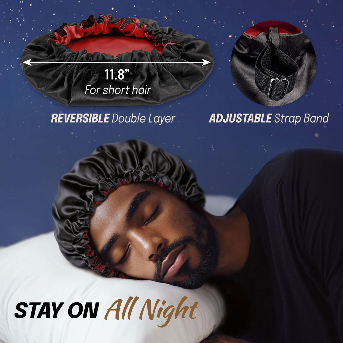 Fittia model wearing bonnet in bedroom, protects waves overnight