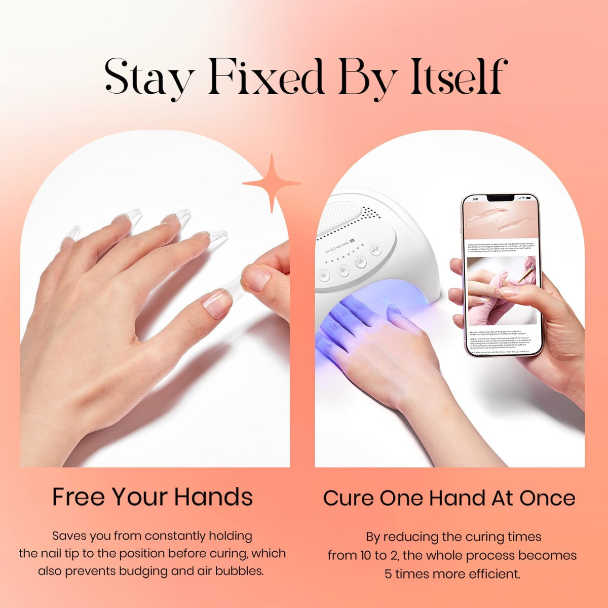 Five Angeles gel curing under LED lamp for fast, uniform long-lasting hold