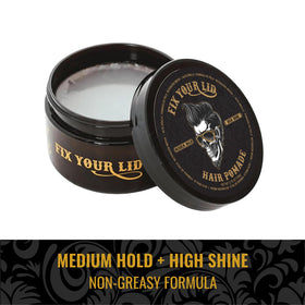 Fix Your Lid styled slick-back on model showing controlled high-shine finish