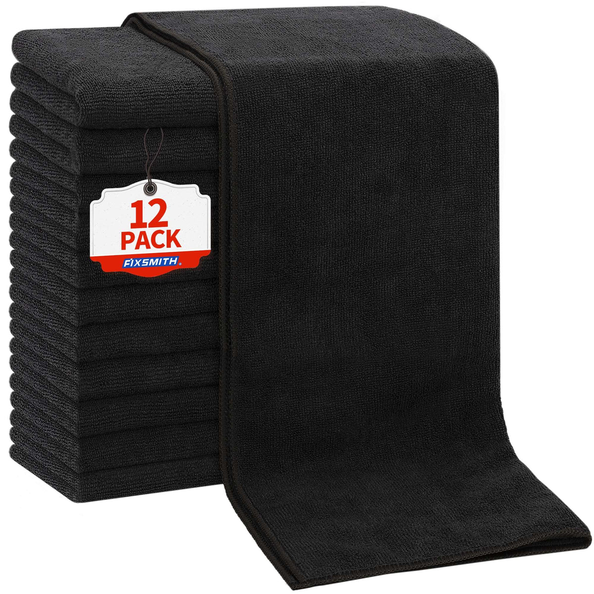 FIXSMITH front view of 12-pack black towels showing professional kit and neat storage