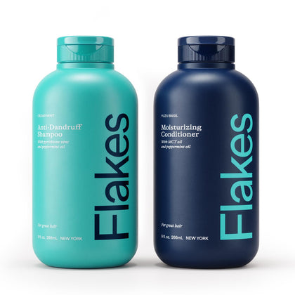 Flakes front packaging set showing bottles and cedar fragrance benefit