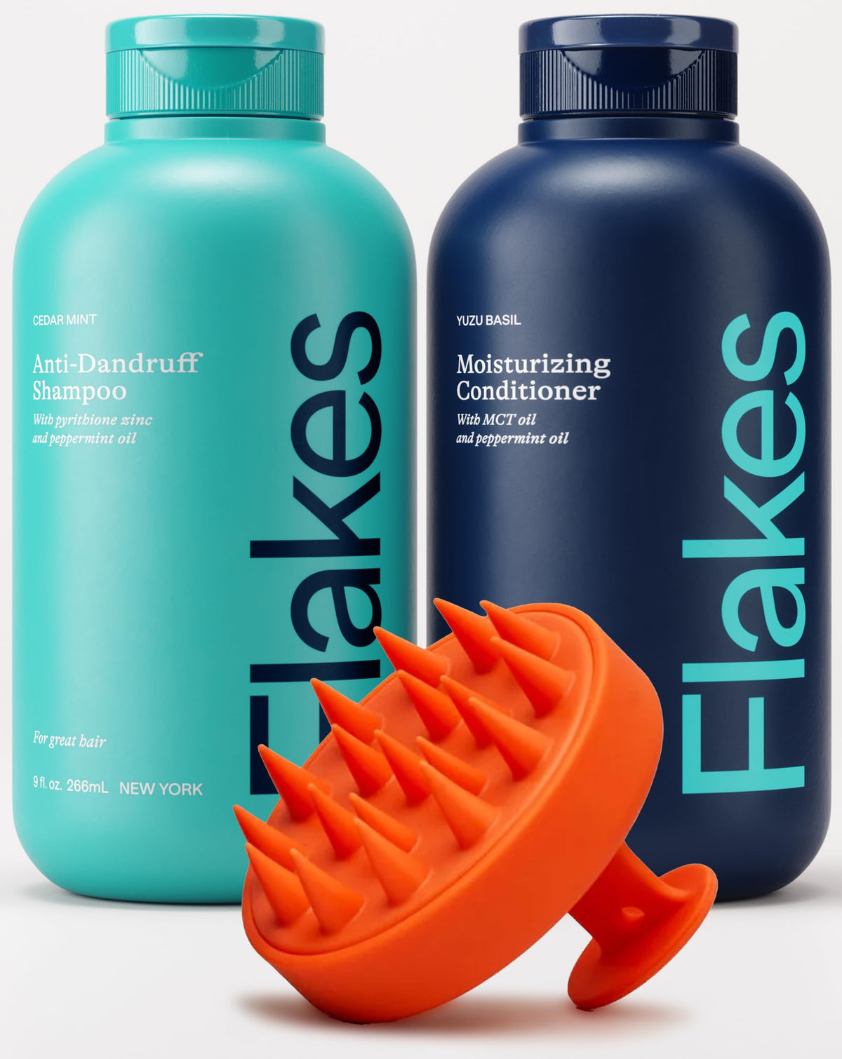 Flakes front packaging showing shampoo and conditioner, conveying effective dandruff care