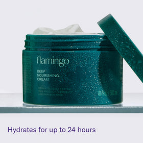 Flamingo applying cream to elbow for softened rough skin benefit