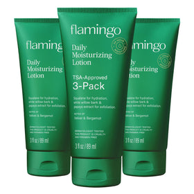 Flamingo three-pack front packaging showing travel-ready tubes and convenience
