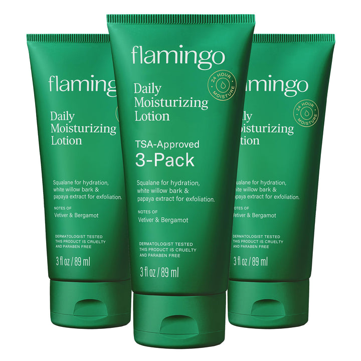 Flamingo three-pack front packaging showing travel-ready tubes and convenience