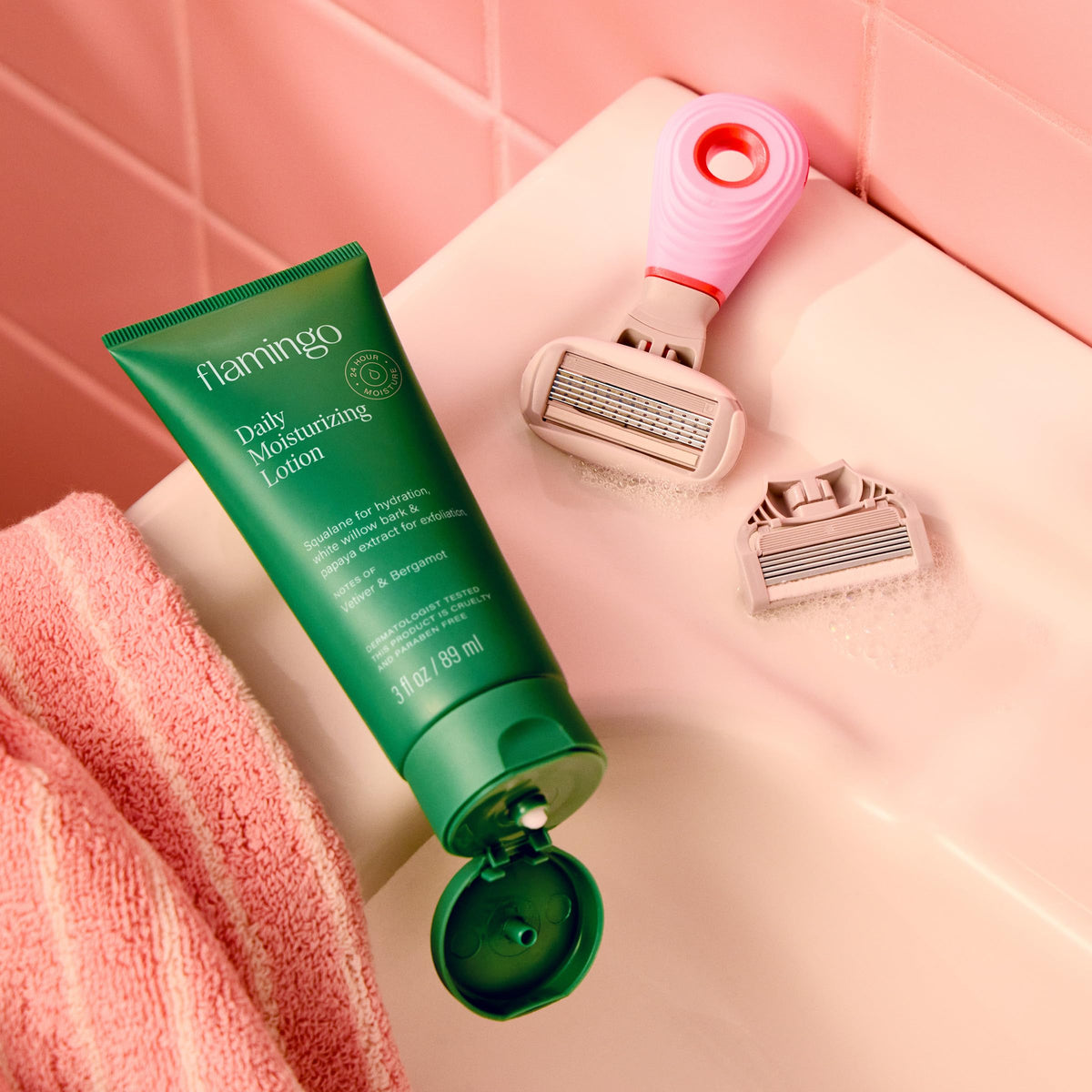 Close-up of Flamingo ingredient list highlighting squalane and gentle exfoliants