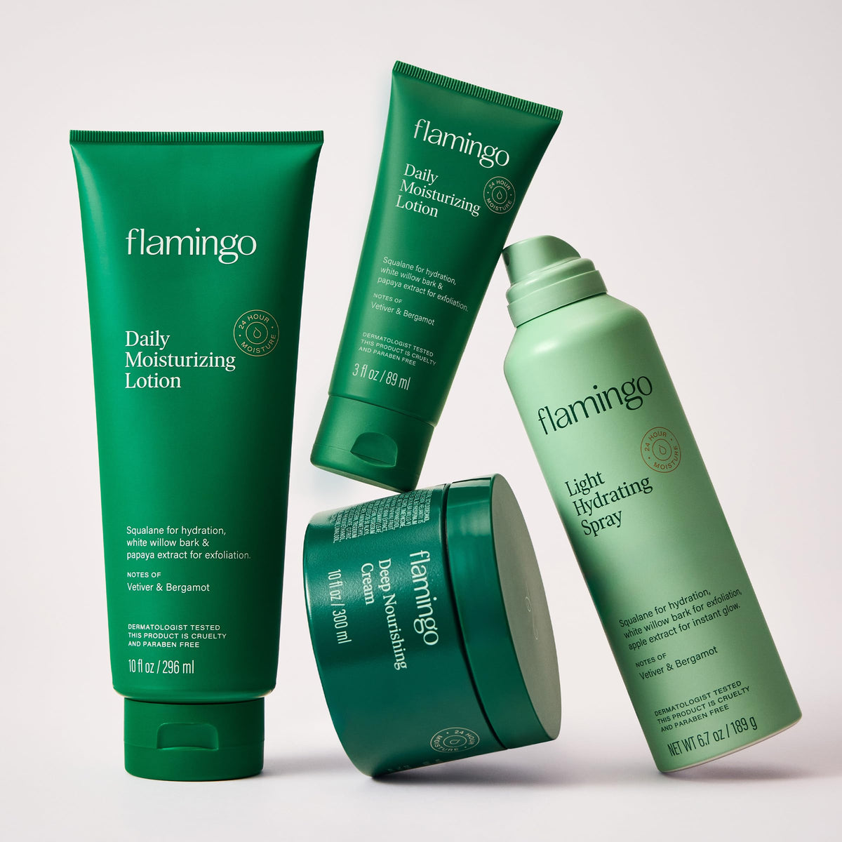 Flamingo tubes on bathroom vanity showing daily routine and refined scent