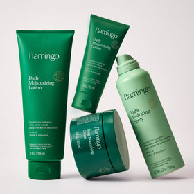 Flamingo tubes on bathroom vanity showing daily routine and refined scent