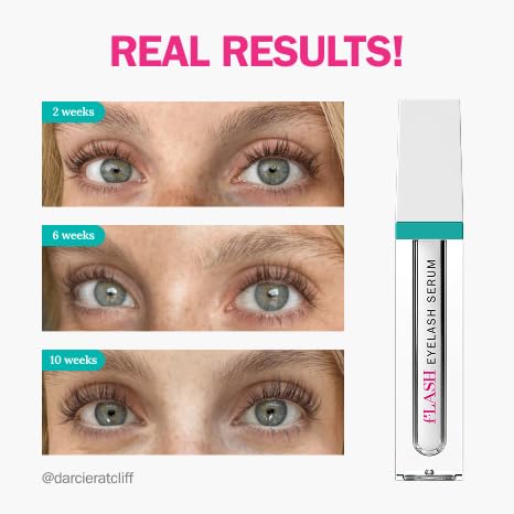 Before and after illustration for FLASHSERUM showing visible longer-looking lashes over weeks