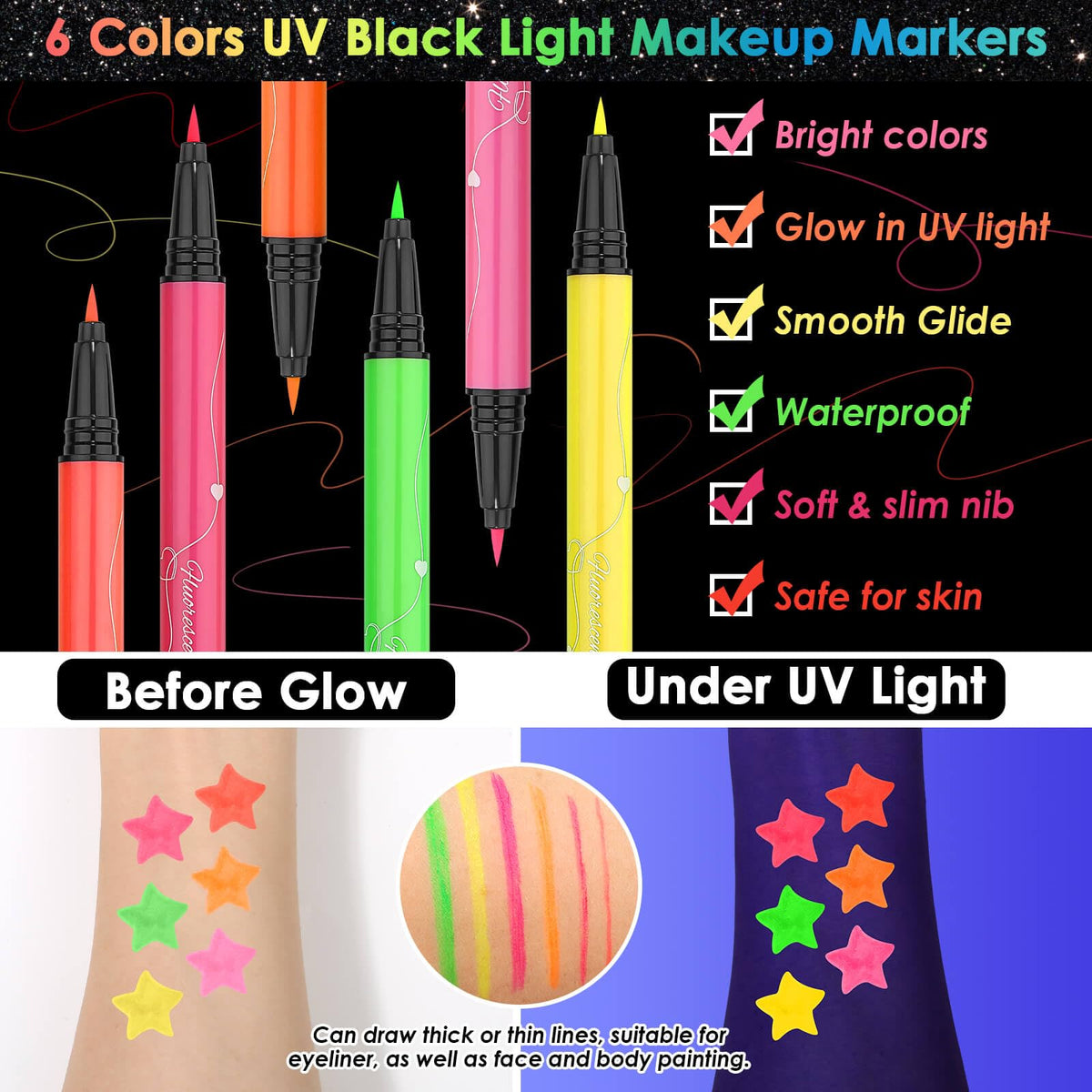 Flasoo neon eyeliner pens lined up showing bright colors and precision tips