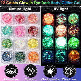 Flasoo open glitter gel jars displaying vibrant glow colors and gel base