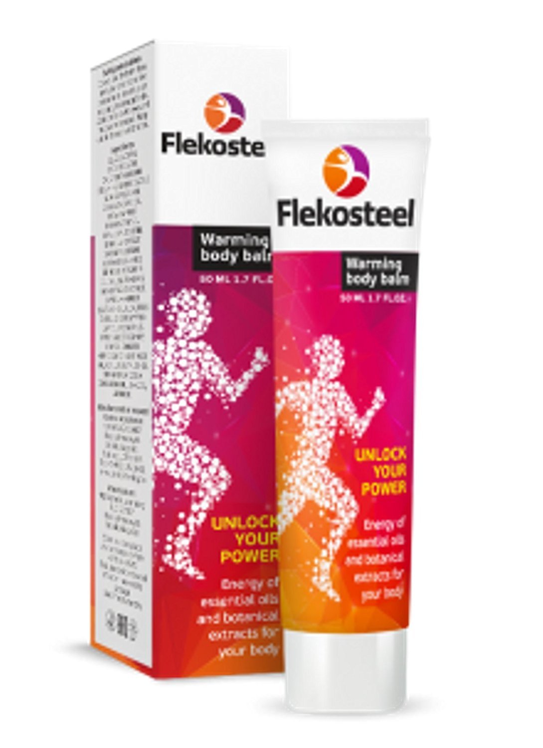 Flekosteel front packaging showing three warming balm tubes and product benefit