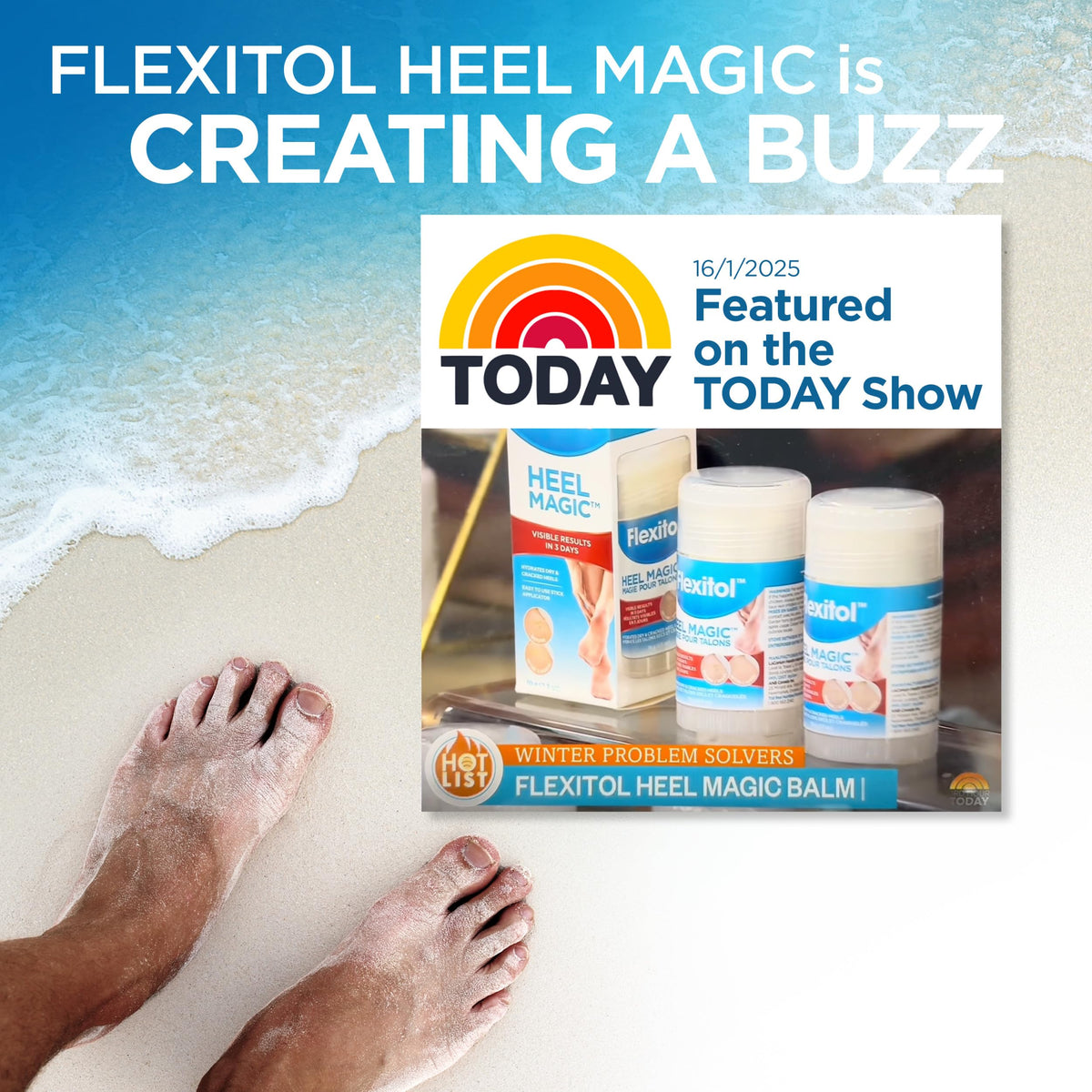 Flexitol stick on bathroom shelf suggesting daily routine