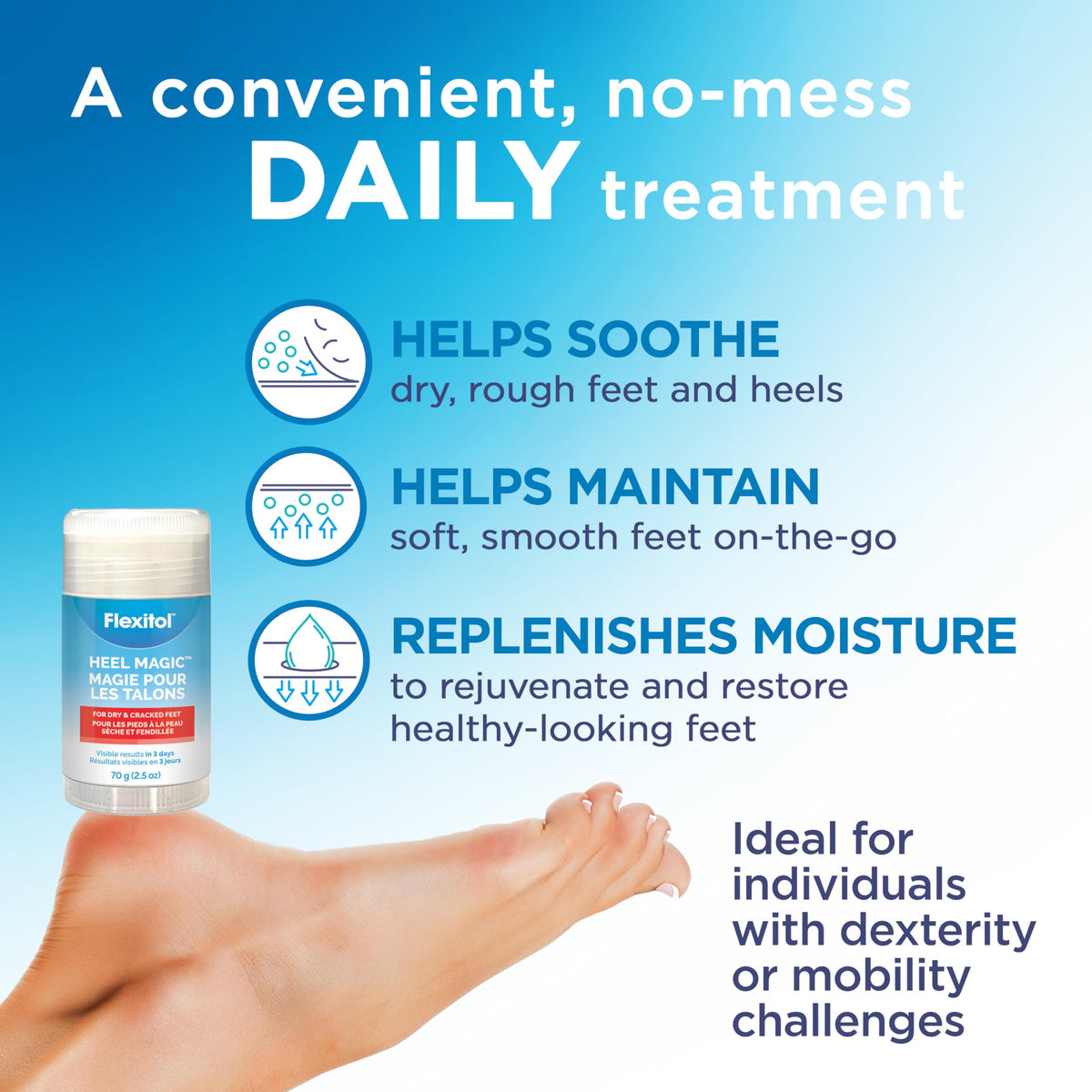 Flexitol stick next to hand showing travel-friendly size