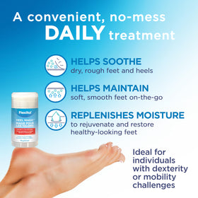 Flexitol stick next to hand showing travel-friendly size