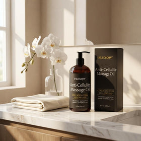 Flatlay of grapefruit lemon eucalyptus with FLEXQW bottle showcasing natural ingredients