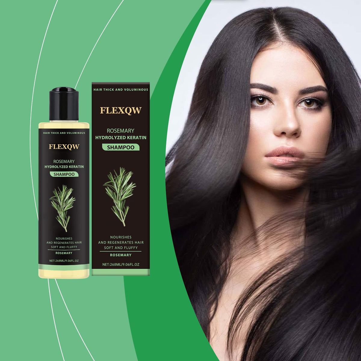 FLEXQW close-up graphic of hydrolyzed keratin rebuilding hair fibers