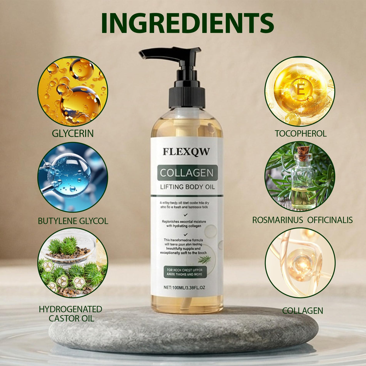 FLEXQW applied to arms and thighs highlighting nourishing coverage and improved feel