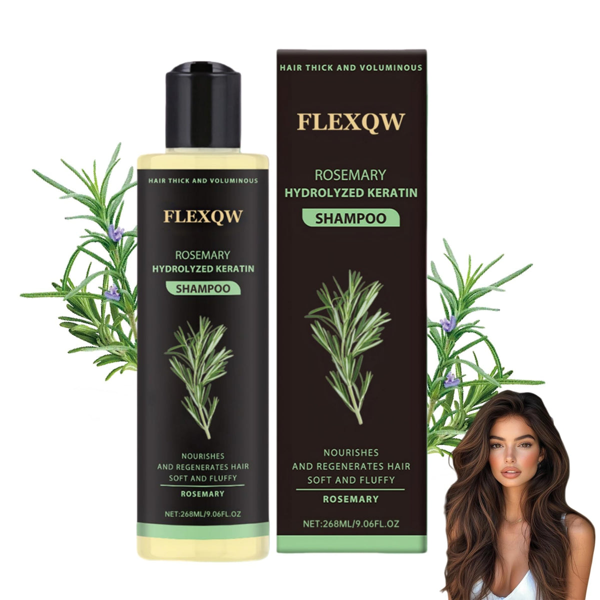 FLEXQW front bottle view showing rosemary shampoo and benefits