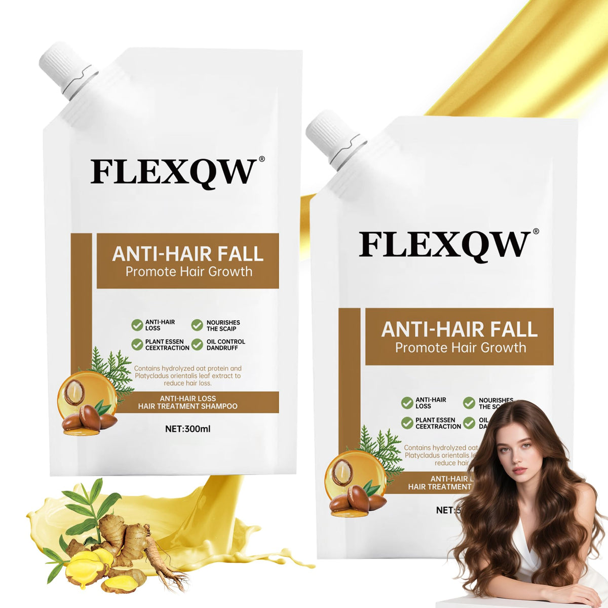 FLEXQW front packaging showing two shampoo bottles for thicker, stronger hair