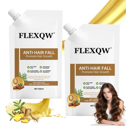 FLEXQW front packaging showing two shampoo bottles for thicker, stronger hair