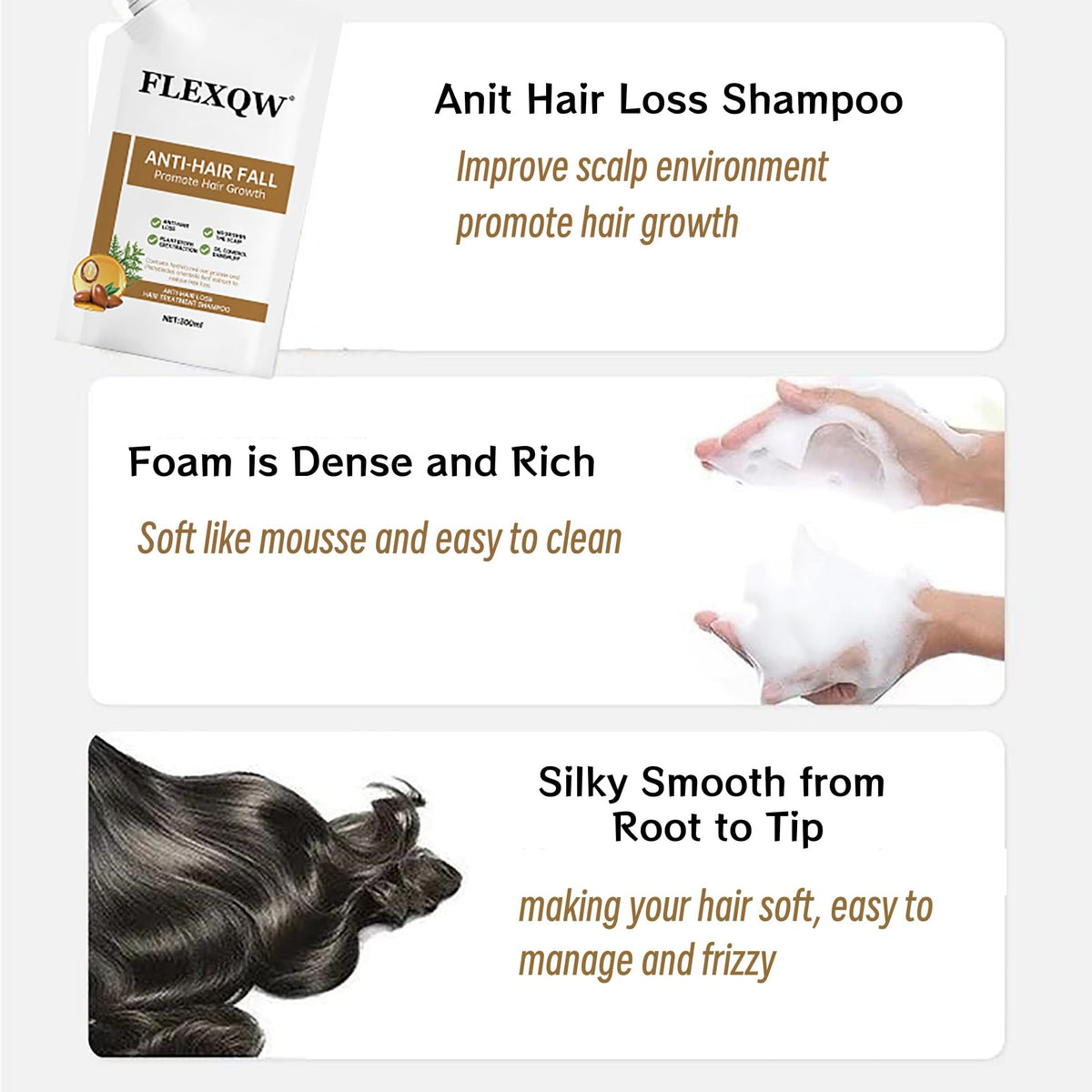 FLEXQW shampoo lather texture demonstrating gentle yet effective cleansing