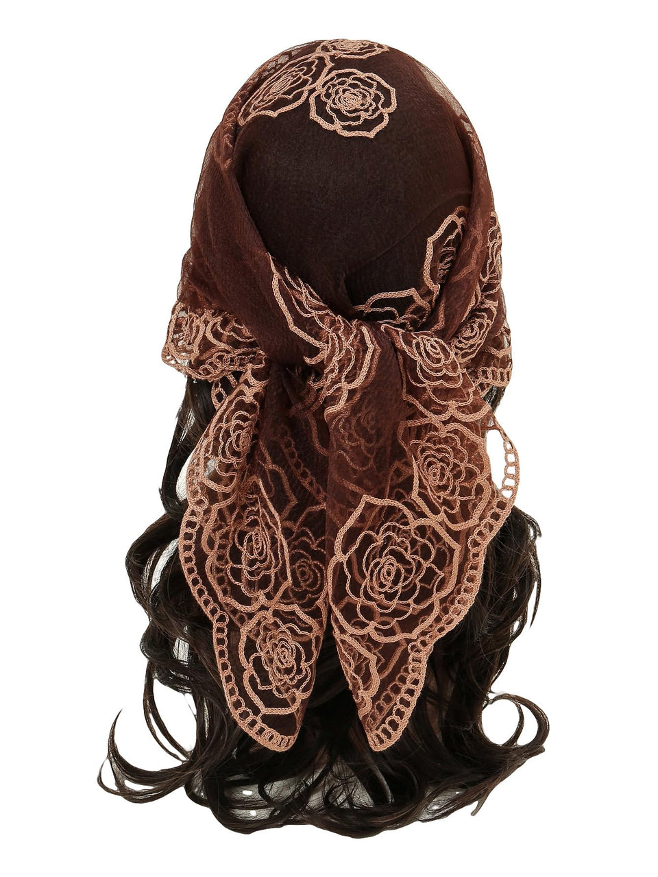 Floerns brown lace hair scarf front view showing shape and fit enhancing outfits